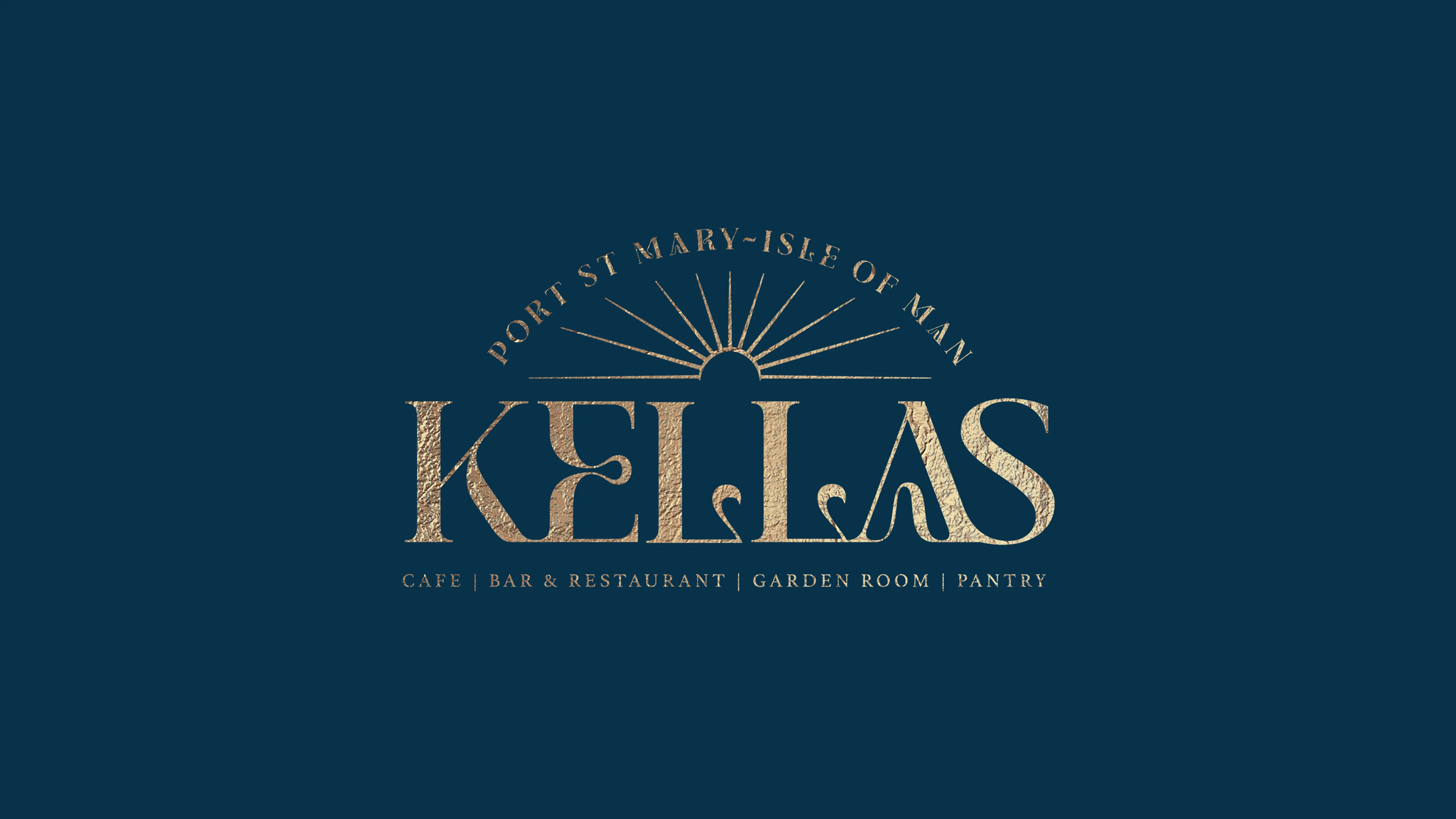 Kellas wordmark designed by DotPerformance, showing the gold foil logo with the period sun motif above the Kellas name, and the venue descriptor listing cafe, bar and restaurant, garden room and pantry, in Port St Mary, Isle of Man